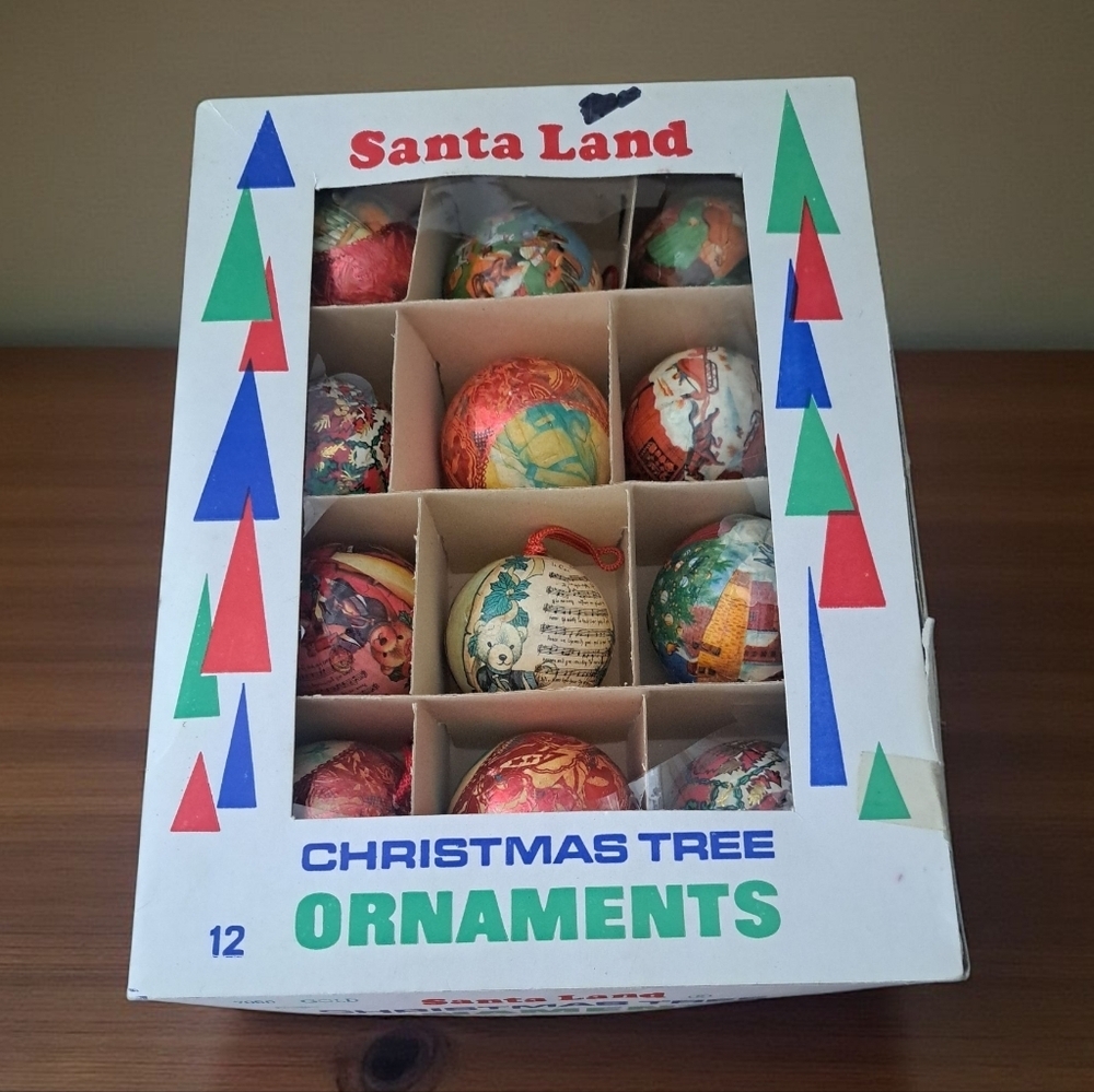Vintage Set of 12 papier-mâché Christmas Ornements With Box Retro Santa Land